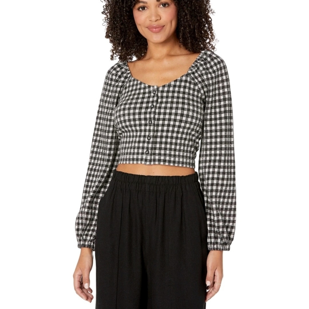 Madewell Gingham Puff Sleeve Cropped Top
